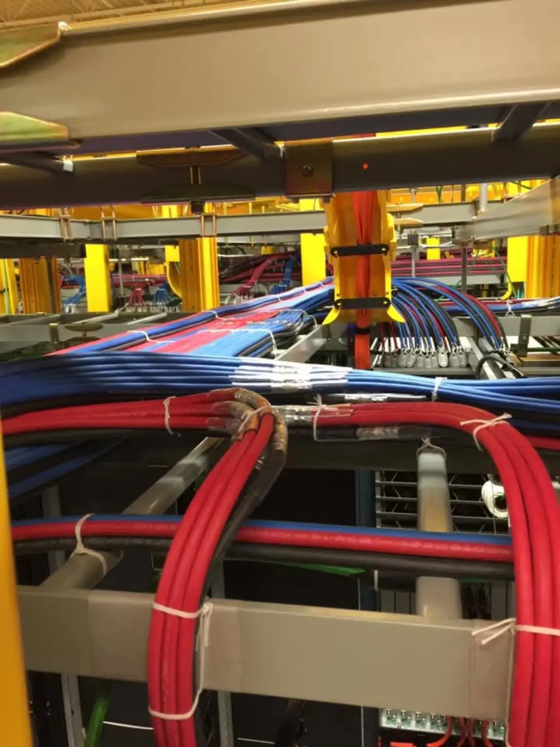 High-current red and blue electrical cable installation