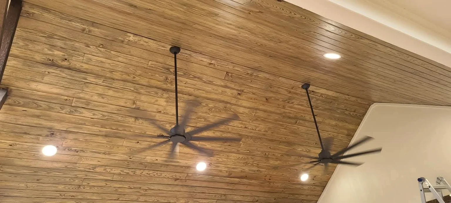 Finished ceiling with lighting and fans